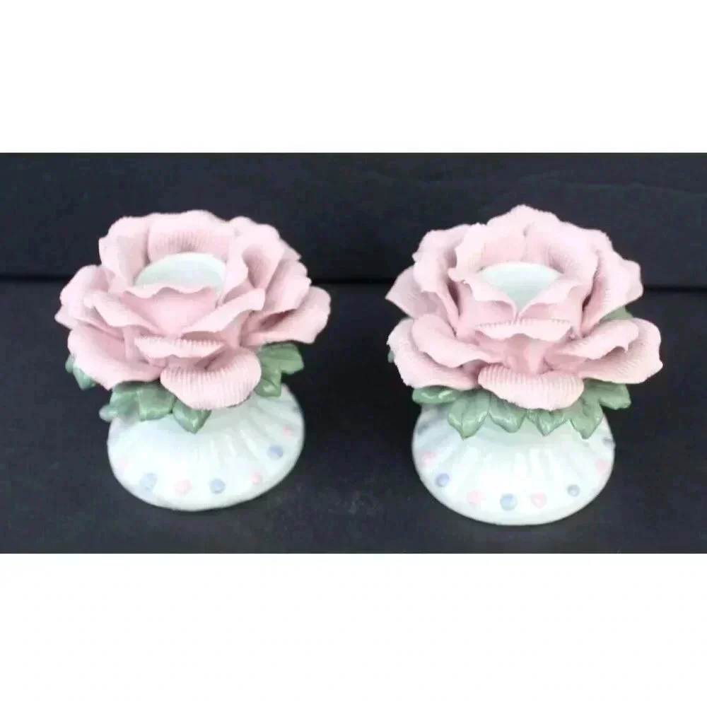 2 Vintage PINK & BLUE Porcelain Flower Victorian Candlestick Holder Decor
